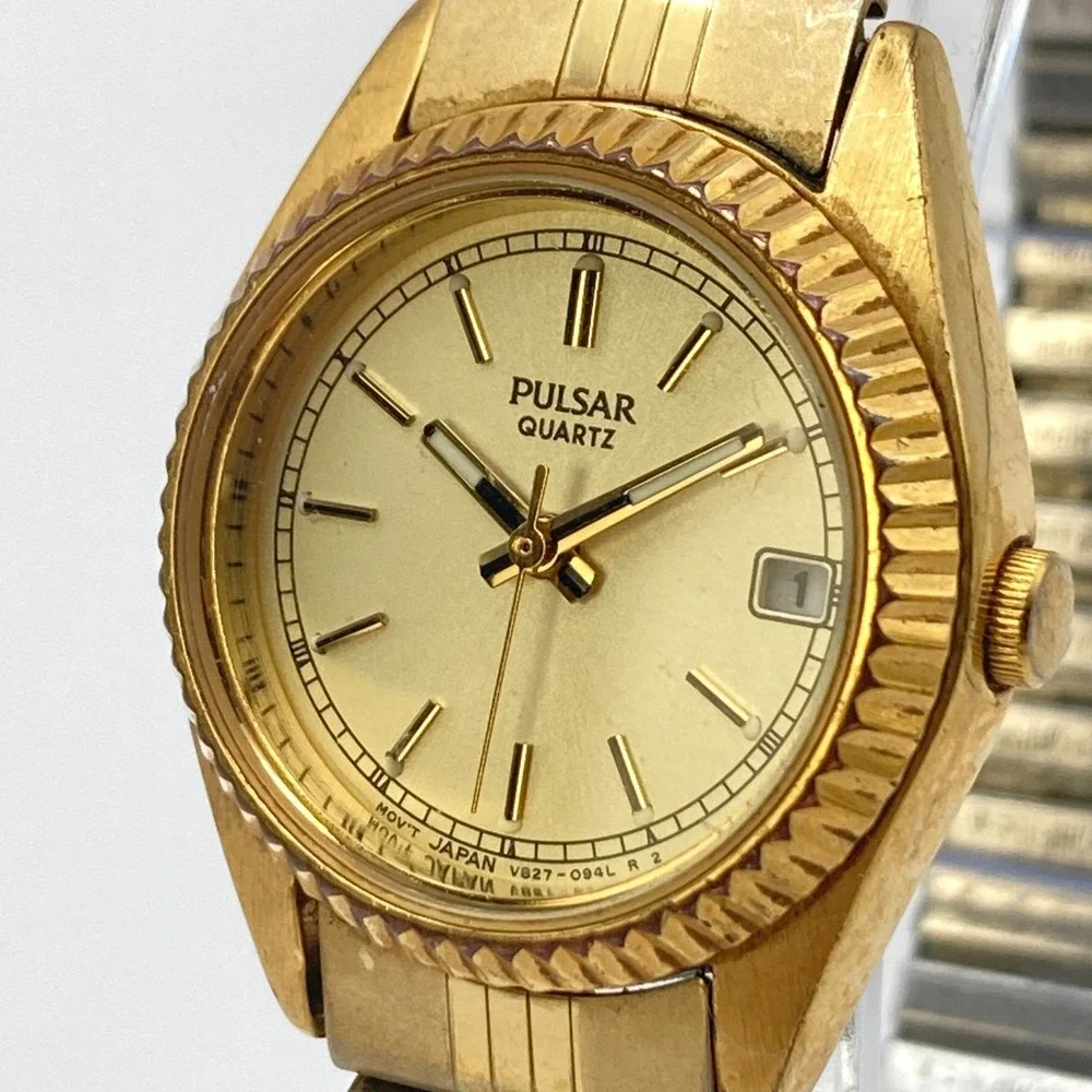 Vtg Pulsar Women's Watch 24mm Gold Tone Date V827-0440 Stretch New Battery SMALL